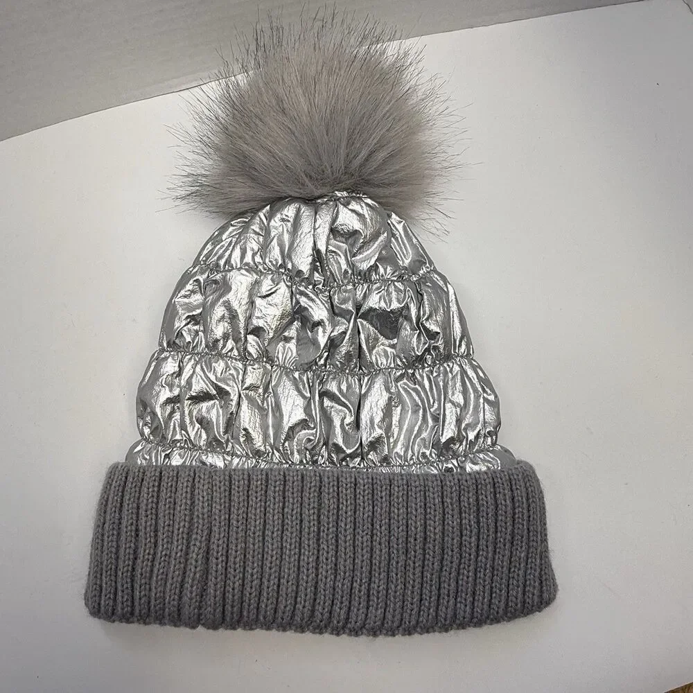 Justice Girls Faux Fur Pom Metallic Silver Quilted Beanie